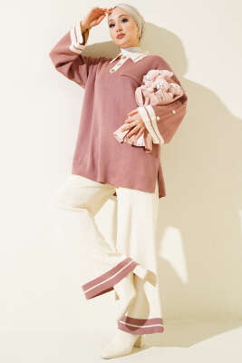 Kolları Metal Düğme Detaylı Triko Takım Gül Kurusu - İkili Takım