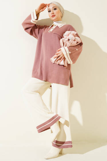 Kolları Metal Düğme Detaylı Triko Takım Gül Kurusu - İkili Takım