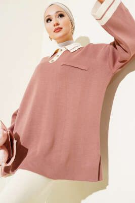 Kolları Metal Düğme Detaylı Triko Takım Gül Kurusu - İkili Takım