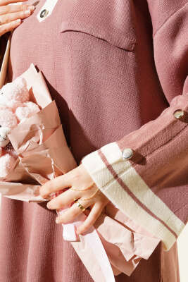 Kolları Metal Düğme Detaylı Triko Takım Gül Kurusu - İkili Takım