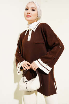 Kolları Metal Düğme Detaylı Triko Takım Kahve - İkili Takım