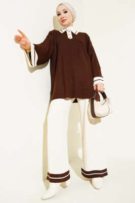 Kolları Metal Düğme Detaylı Triko Takım Kahve 