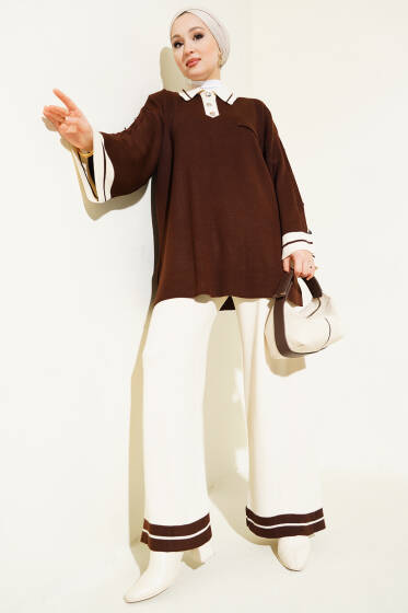 Kolları Metal Düğme Detaylı Triko Takım Kahve - İkili Takım