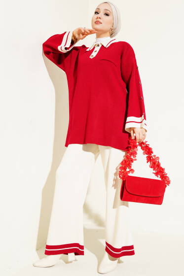 Kolları Metal Düğme Detaylı Triko Takım Kırmızı - İkili Takım