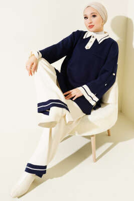 Kolları Metal Düğme Detaylı Triko Takım Lacivert 