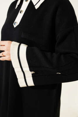 Kolları Metal Düğme Detaylı Triko Takım Siyah Bej - İkili Takım