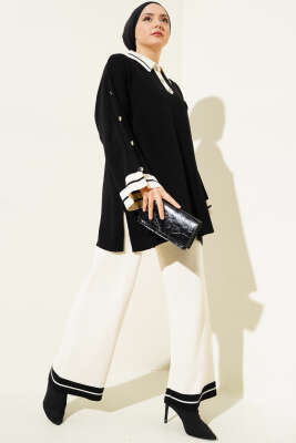 Kolları Metal Düğme Detaylı Triko Takım Siyah Bej 