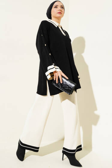 Kolları Metal Düğme Detaylı Triko Takım Siyah Bej - İkili Takım