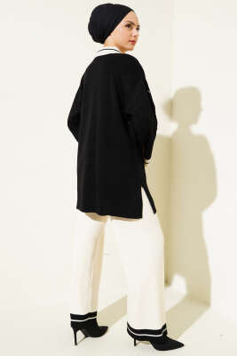 Kolları Metal Düğme Detaylı Triko Takım Siyah Bej - İkili Takım