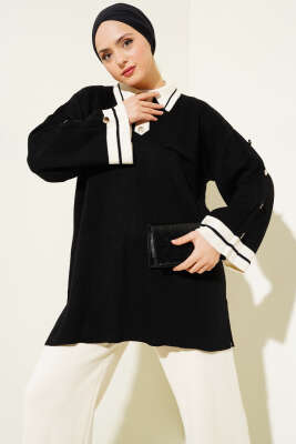 Kolları Metal Düğme Detaylı Triko Takım Siyah Bej - İkili Takım