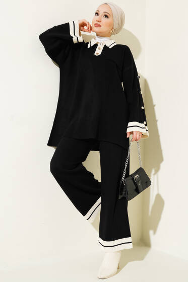 Kolları Metal Düğme Detaylı Triko Takım Siyah - İkili Takım