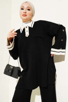 Kolları Metal Düğme Detaylı Triko Takım Siyah - İkili Takım