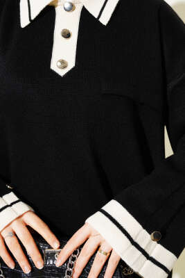 Kolları Metal Düğme Detaylı Triko Takım Siyah - İkili Takım