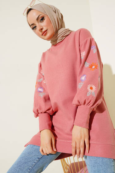 Kolları Nakış Detaylı Tunik Pudra - Tunik
