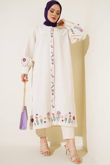 Kolları Nakışlı Boydan Düğmeli Keten Elbise Ekru - Tesettür Elbise