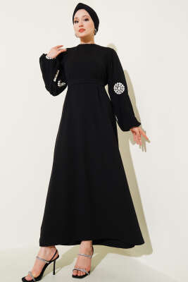 Kolları Nakışlı Kuşaklı Elbise Siyah - 500-700 TL Ürünler