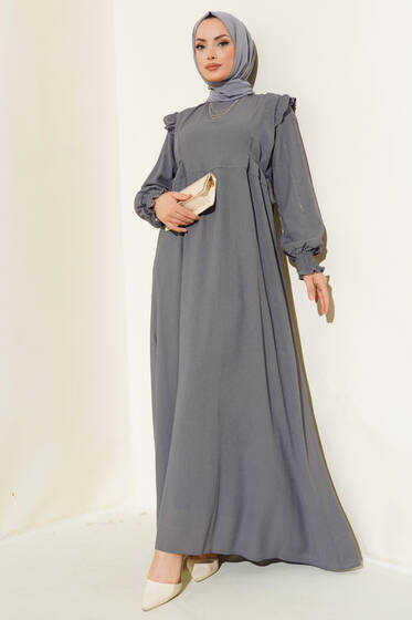 Kolları Parlak Pullu Elbise Gri - Elbise