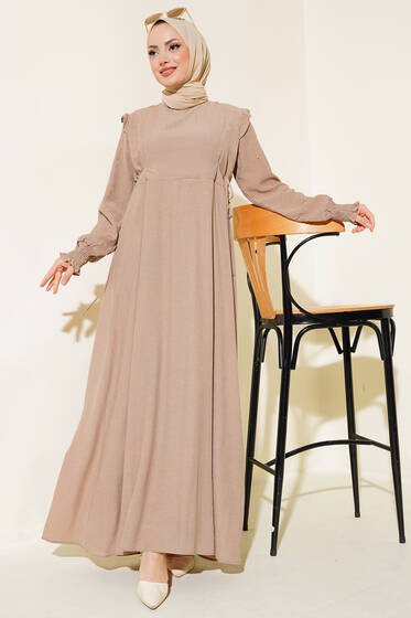 Kolları Parlak Pullu Elbise Latte - Elbise