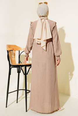 Kolları Parlak Pullu Elbise Latte - Tesettür Elbise