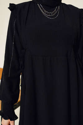 Kolları Parlak Pullu Elbise Siyah - Thumbnail