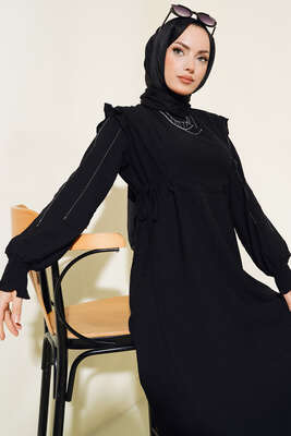 Kolları Parlak Pullu Elbise Siyah - Thumbnail