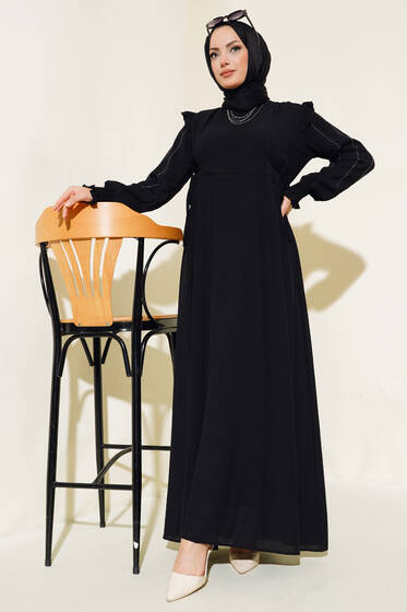 Kolları Parlak Pullu Elbise Siyah - Tesettür Elbise