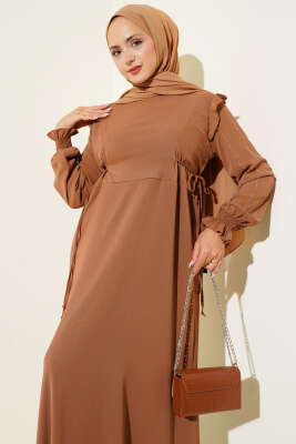 Kolları Parlak Pullu Elbise Vizon - Tesettür Elbise