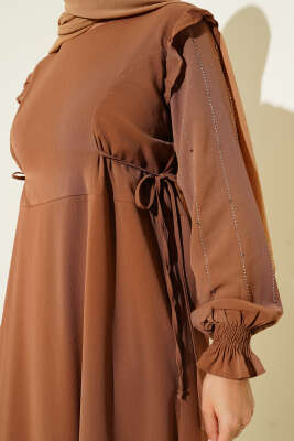 Kolları Parlak Pullu Elbise Vizon - Tesettür Elbise