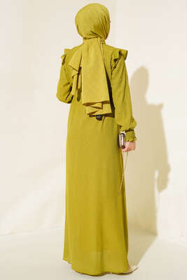 Kolları Parlak Pullu Elbise Yağ Yeşili - Thumbnail