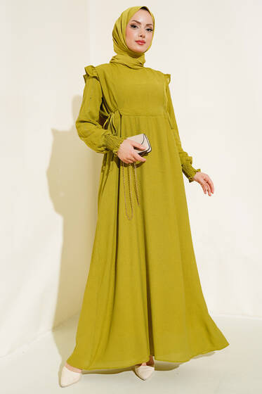 Kolları Parlak Pullu Elbise Yağ Yeşili - Tesettür Elbise