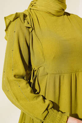 Kolları Parlak Pullu Elbise Yağ Yeşili - Tesettür Elbise