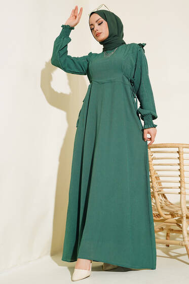 Kolları Parlak Pullu Elbise Zümrüt - Tesettür Elbise