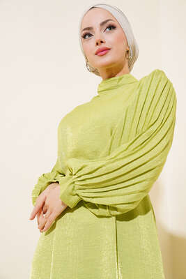 Kolları Pileli Kırışık Elbise Fıstık Yeşili - Thumbnail