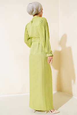 Kolları Pileli Kırışık Elbise Fıstık Yeşili - Thumbnail