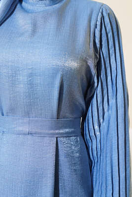 Kolları Pileli Kırışık Elbise Mavi - Thumbnail