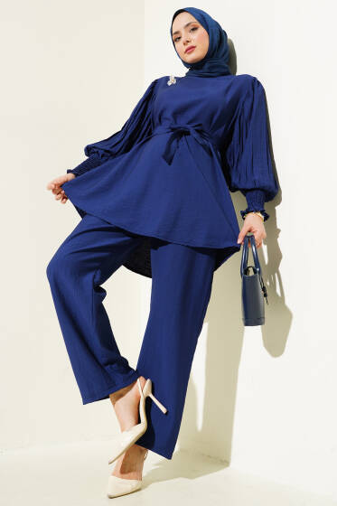 Kolları Pileli Kuşaklı İkili Takım Lacivert - İkili Takım