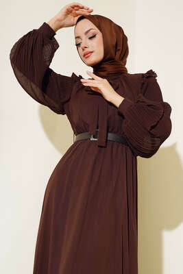 Kolları Piliseli Elbise Acı Kahve - Elbise