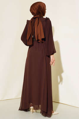 Kolları Piliseli Elbise Acı Kahve - Elbise