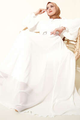 Kolları Piliseli Elbise Beyaz - BERAT TEKSTİL