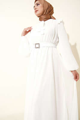 Kolları Piliseli Elbise Beyaz - Elbise