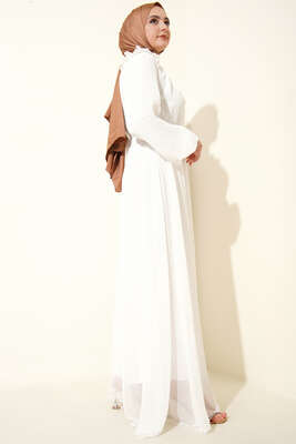 Kolları Piliseli Elbise Beyaz - Thumbnail