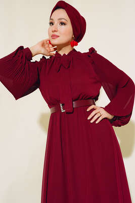 Kolları Piliseli Elbise Bordo - Elbise