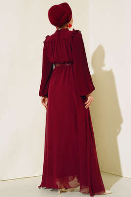 Kolları Piliseli Elbise Bordo - Elbise