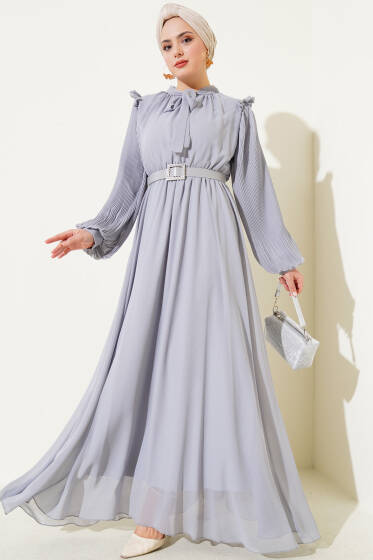 Kolları Piliseli Elbise Gri - Elbise