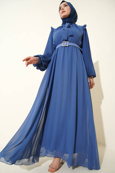 Kolları Piliseli Elbise İndigo - Elbise