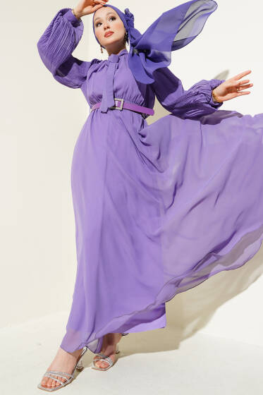 Kolları Piliseli Elbise Lila - Elbise