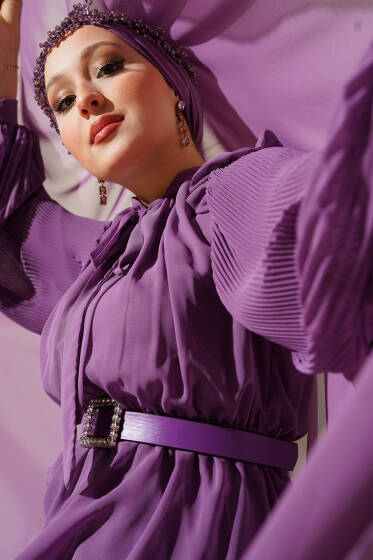 Kolları Piliseli Elbise Magenta - Elbise