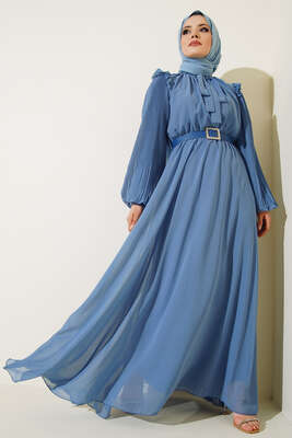 Kolları Piliseli Elbise Mavi 