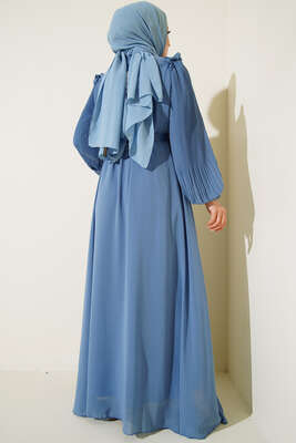 Kolları Piliseli Elbise Mavi - Elbise