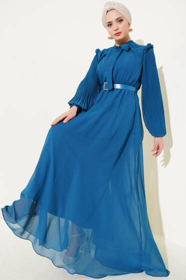 Kolları Piliseli Elbise Petrol - Elbise